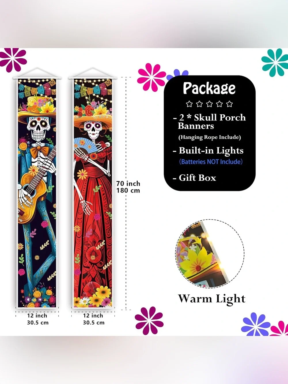 Pack of 2 Lighted Day of the Dead Skeleton Door Banner Panels - Multicolor